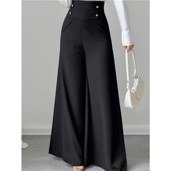 High Waist Wide Leg Button Decor Pants - Picture 3 of 8